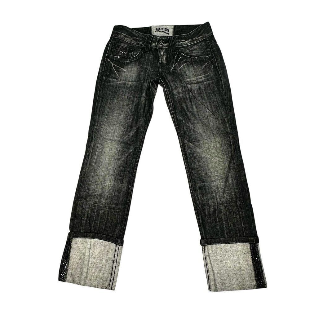 Guess Premium Stretch Black Stone Wash Capri Embellished Cuffed Jeans Women’s 27